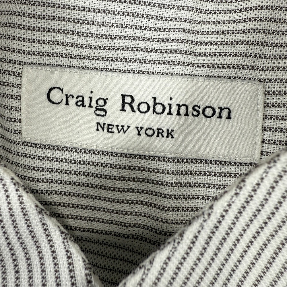 Craig Robinson New York Linen Shirt Large‎ Gray Stripes Button Band Collar